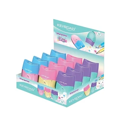 Afbeelding van KEYROAD Ergonomische dubbele puntenslijper WAVE pastel, 12 stuks, kunststof, potloden en kleurpotloden, gemengde kleuren, slijper