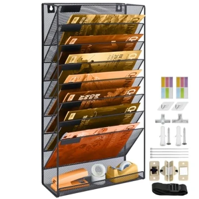 Afbeelding van PLSOPPKG 9 laags hangende wandbestandshouder, metalen gaas tijdschriftenrek, A4 wandzakbestandshouder, postorganisator wandgemonteerde bestandsorganizer, zwart