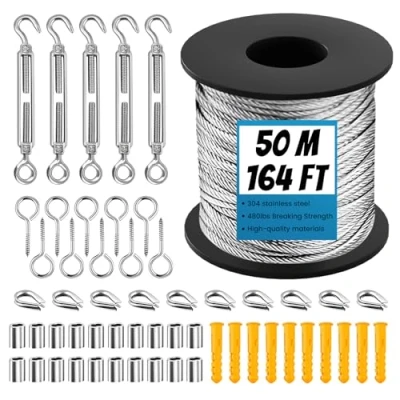 Afbeelding van 50m 2mm Staalkabelset, 304 Staalkabel Kit Roestvrijstalen Kabel Set, Bedekt Met Oogjes Touwspanset, Spanschroef, Voor Gordijntouw, Waslijn, Lichtslinger, Klimplanten