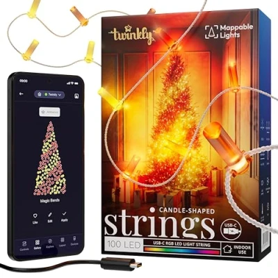 Afbeelding van Twinkly Strings Candle 100 LED, Ledlichtsnoer in Kaarsvorm, Multicolor RGB, Compatibel met Alexa, Google Home, LED Verlichting, USB C Voeding, Transparant Snoer, 6m