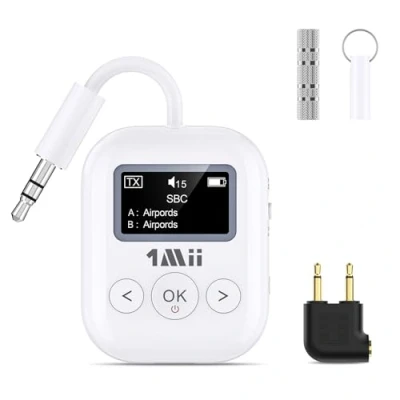 Afbeelding van 1Mii SafeFly Min+ Bluetooth audio zenderontvanger, 2024 upgraded, ondersteunt dual, apparaatzender en ontvanger, AptX Low Latency &amp; HD Lossless, uitgerust met airplane 3,5 mm vrouwelijke adapter