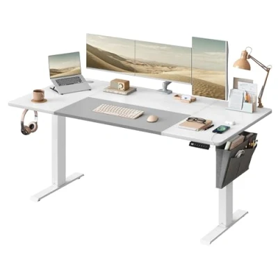 Afbeelding van SONGMICS Elektrisch bureau in hoogte verstelbaar, 70 x 160 (72 120) cm, traploos gesplitst Platte, geheugenfunctie met 4 hoogtes, basic wit duifgrijs LSD026W02