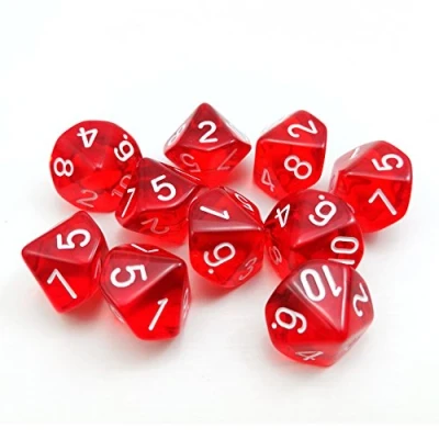 Afbeelding van Bescon Polyhedral 10 zijden dobbelstenen met nummer 1 10, rood transparant dobbelstenen, kubus stuks set