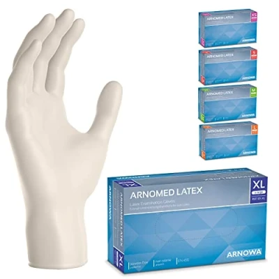 Afbeelding van ARNOMED Latex wegwerphandschoenen XL, wit, poedervrij, 100 stuks per doos, wegwerphandschoenen, handschoenen voor eenmalig gebruik, verkrijgbaar in maat XS, S, M, L &amp; XL