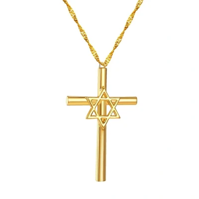 Afbeelding van Ketting met hanger davidster en kruisje goudkleur