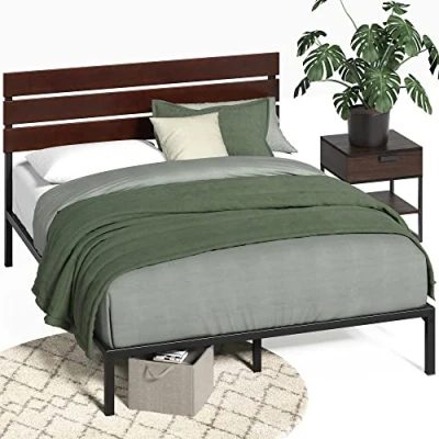 Afbeelding van Zinus Figari Bed 150 x 190 cm, hoogte 31 cm met opbergruimte onder het bed, duurzaam bamboe en metalen platformbedframe hoofdeinde van lamellen, bruin zwart