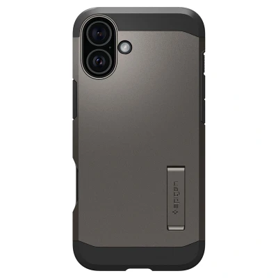 Afbeelding van Spigen Tough Armor Hoesje Geschikt voor Apple iPhone 16 Plus Compatibel met MagSafe Back Cover Militaire Standaard Kickstand Gunmetal