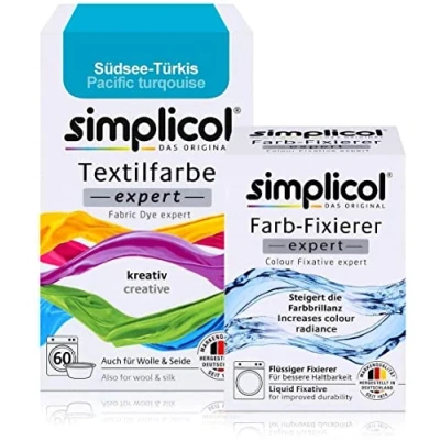 Afbeelding van simplicol textielverf expert turquoise + fixeermiddel: textiel, wol, zijde turkoois verven, set 1x150g en 1x90ml