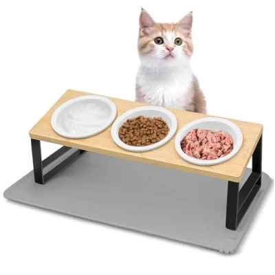 Afbeelding van Avmvnvc Verhoogde kattenbak, 3 schalen voor katten en honden, van keramiek, kattenbak hout, 15 graden gekanteld, met metalen standaard antislip matten, kleine