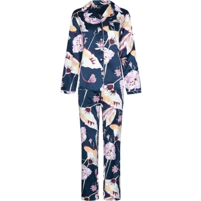 Afbeelding van Chique satijnen doorknooppyjama bloemen Blauw Maat 40