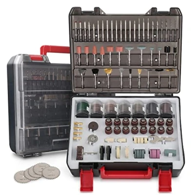 Afbeelding van Hi Spec 305 delige accessoire set voor roterend gereedschap met spantangen van 1,5, 2,3 en 3,2 mm. Compatibel slijp , schuur graveerbitjes. In een gereedschapskist display