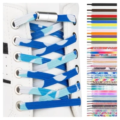 Afbeelding van SULPO Elastische rubberen veters zonder strikken plat, met draaisluiting, Blauwe en witte kleurvlekken, One Size