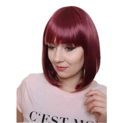 Afbeelding van Prettyland Plum Red Bob Medium 35cm Korte natuurlijke matte rechte pruik Statische gratis C2436