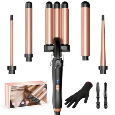 Afbeelding van BESTOPE MIX krultang, 5 in 1 3 vaten golfijzer met verschillende opzetstukken, instelbare temperatuur, grote krullen, PTC, snelle opwarming, krultang set handschoed en 2 clips