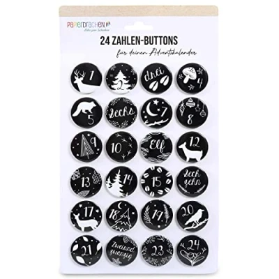 Afbeelding van Papierdrachen 24 adventskalendercijfers, buttons 35 mm, spelden voor het versieren van adventskalenders, met cijfers 1 24, zwart wit, ideaal stoffen zakjes, zakjes en