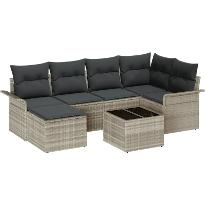 Afbeelding van vidaXL 7 delig tuinbankstel met kussens grijs poly rattan, 2 zits tuinbank opslag en lichtgrijs rattan