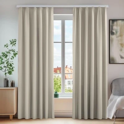 Afbeelding van Deconovo Verduisterende Gordijnen Plooiband Warmte isolerend Kant en Klaar Ondoorzichtig Set van 2 in Polyester voor Slaapkamer Crème 140x175cm