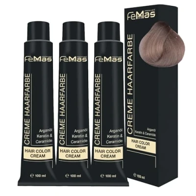 Afbeelding van FemMas Haarverf, 3 x lichtblond zand 9,7, professionele crème haarverf met arganolie, keratine en ceramiden, als duurzame haarkleuring of tint voor stralende, kleurresultaten, 100 ml