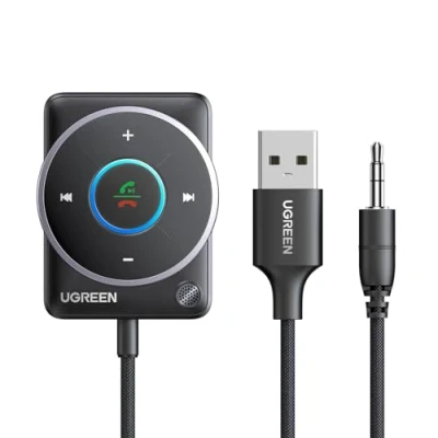 Afbeelding van UGREEN Aux Bluetooth 5.4 Adapter Auto ontvanger Multifunctionele knop voor handsfree bellen en draadloze muziek, dubbele verbinding, RGB omgevingslicht, compatibel met autoradiosysteem