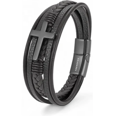 Afbeelding van Armband Heren Zwart Leer met kleurig Kruis 23cm Leren Armbanden Cadeau voor Man Mannen Cadeautjes