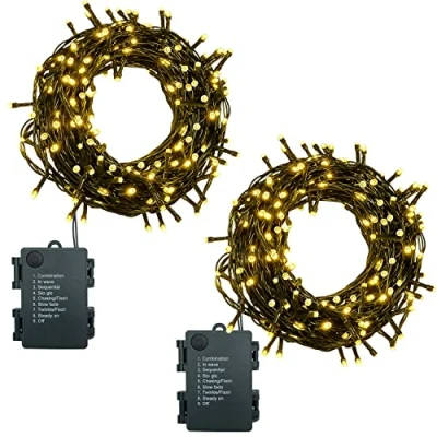 Afbeelding van Lichtsnoer op batterijen 2 stuks, 100 leds 10 m led lichtketting voor binnen en buiten, Fairy Lights met timer, 8 modi, Lichtslingers Kerstmis, tuin, feesten, waterdicht (warm wit)