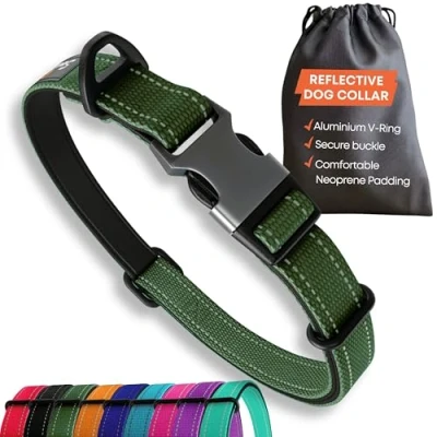 Afbeelding van Strong hondenhalsband voor grote honden, groen, reflecterend, verstelbaar, gevoerd, metalen gesp, aluminium V ring, hondenveiligheid