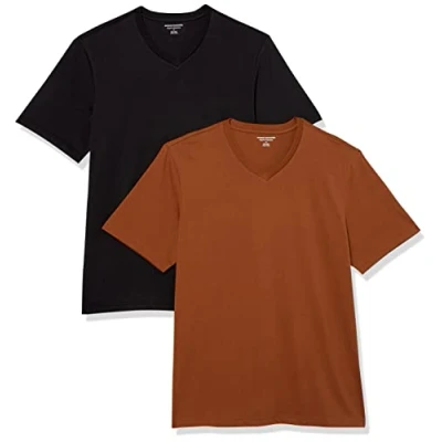 Afbeelding van Amazon Essentials Heren Regular Fit T shirt met korte mouwen en V hals (verkrijgbaar in Big &amp; Tall), 2 stuks, zwart/bruin, XS