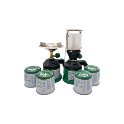 Afbeelding van Campingset, campingkooktoestel + lamp 4 x gaspatronen, campinggas, outdoor, camping, outdooractiviteiten, campinglamp, gasfornuis, gaslamp NOLA