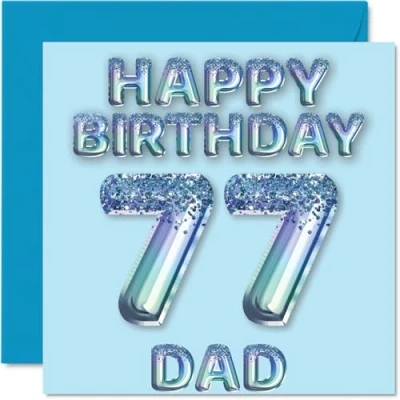 Afbeelding van 77e verjaardagskaart voor papa blauwe glitter feestballonnen gelukkige verjaardagskaarten 77 jarige vader van zoon dochter, 145 mm x cadeau