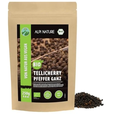 Afbeelding van BIO tellicherry peper zwart (250 g), biologische zwarte peperkorrels uit gecontroleerde teelt, laboratorium getest, 100% zuiver en onbehandeld