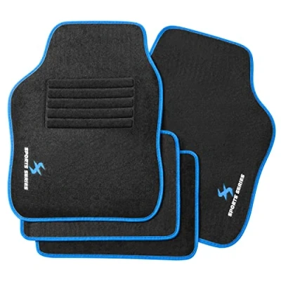 Afbeelding van Woltu AM7142bl Automatten, autotapijten, set van 4 matten, universeel, met borduurwerk, waterafstotend, antislip, hakbeschermer, zwart/blauw