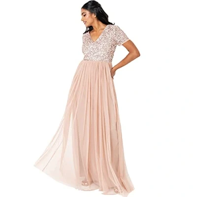 Afbeelding van Maya Deluxe Damesjurk voor bruiloftsgast, grote maten, Empire hoge taille, pailletten, korte mouwen, avondbruidsmeisje, Taupe Blush, 42