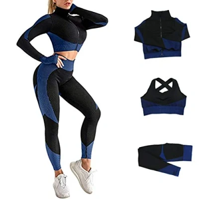 Afbeelding van Veriliss Workoutpak voor dames, 3 delig, naadloze outfit, workoutset, gymkleding, yoga sportkleding, legging en stretch sport beha, gym jumpsuit, kledingset, zwart/blauw, L