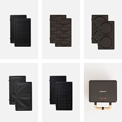 Afbeelding van CREATE/STONE 3 IN 1 + 5 PLATEN/Tosti ijzer, grill en wafels maker Zwart/Met verwisselbare platen Taiyaki Plaat Pannenkoek