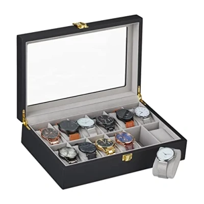 Afbeelding van Relaxdays horlogebox 12 horloges sieradendoos fluweel kijkvenster zwart/grijs