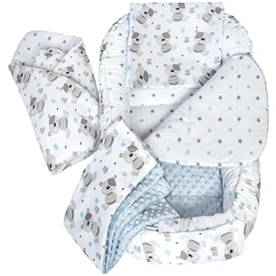 Afbeelding van Medi Partners 5 delige Babynest Set 100x60x15 Uitneembaar inzetstuk Bed Knuffel Nestje Baby deken Pasgeboren 100% katoen (Teddy met lichtblauwe Minky)