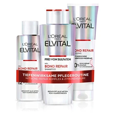 Afbeelding van L&#039;Oréal Paris Elvital Routine voor haarreparatie met shampoo, conditioner en pre Bond repair complex citroenzuur, minder haarbreuk meer glans, Repair, 3 delig