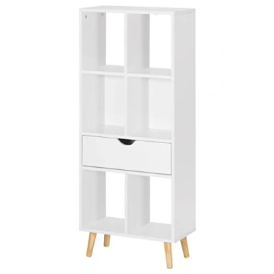Afbeelding van EUGAD 0012SHG boekenkast, ruimteverdeler, archiefkast, opbergrek, staand rek met lade poten van MDF, 6 vakken, wit, 50x121x24cm