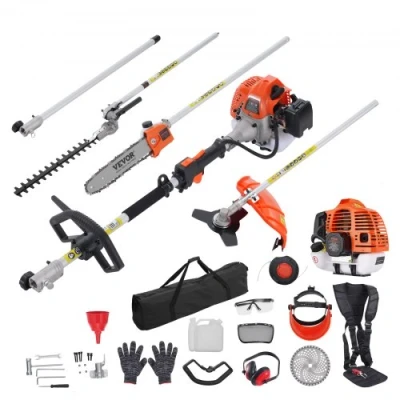 Afbeelding van VEVOR 52CC 6 in 1 multifunctionele trimgereedschappen, gasheggenschaar, onkruideter, bosmaaier, kantensnijder, paalzaag, kettingzaag, snoeischaar met verlengstang