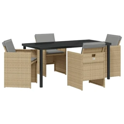 Afbeelding van vidaXL 5 Delige Tuin Eet Set met Kussens Beige Poly Rattan, Tafel Zwart 160x80x73 cm Gehard Glas
