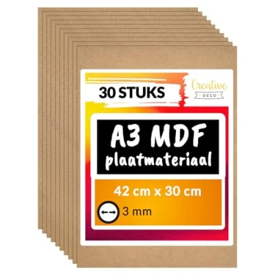 Afbeelding van Creative Deco 30 x A3 MDF Plaat 420x300x3mm Lasersnijden, Freeswerk, DIY, Kunstprojecten