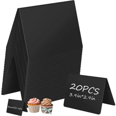 Afbeelding van Mini krijtbord, kleine set, 20 borden, borden om te beschrijven, prijskaartjes, standaard in V vorm, leisteenbord met 1 pen meegeleverd, voor gastronomie, buffet, café, bruiloft, feest