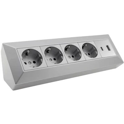 Afbeelding van ChiliTec Stekkerblok hoekstopcontact 4 voudig geaard stopcontact USB A C PD zilver grijs