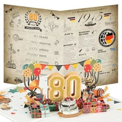 Afbeelding van Joyoldelf 80e verjaardagskaart, 1945 vintage krant 3D pop up wenskaarten met envelop, verjaardagscadeaus voor man en vrouw