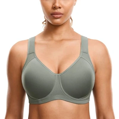 Afbeelding van SYROKAN Coolmax High Impact Sportbeha&#039;s Voor Dames Met Beugels Volledig Figuur Hardlooptraining Grijze Salie 90C