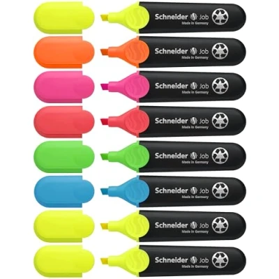 Afbeelding van Schneider Job 150 markeerstiften (navulbaar en lichtbestendig), etui met 8 stuks, geel (3x), oranje, roze, groen, blauw, rood