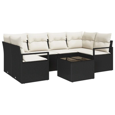 Afbeelding van vidaXL 7 delig Tuin Sofa Set met Kussens Zwart Poly Rattan, 2 Zits Rattan
