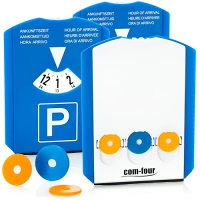 Afbeelding van COM FOUR® 3x parkeerschijf met ijskrabber, rubberen lip en 3 winkelwagenchips kunststof parkeermeter (03 stuks chip)