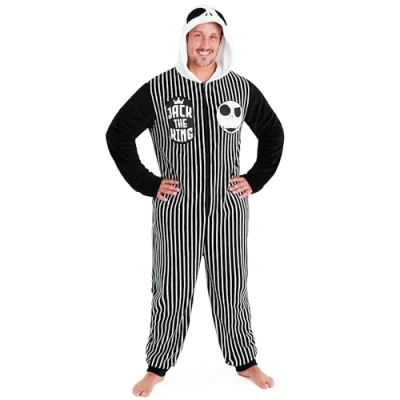 Afbeelding van Disney The Nightmare Before Christmas Fleece Onesie met capuchon voor heren, gezellige loungewear cadeaus hem, Zwart/Wit, XL