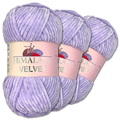 Afbeelding van Wohnkult Himalaya 3 x 100 g Velvet Dolphin breiwol, 40 kleuren om uit te kiezen, chenille breigaren, pluizige wol, glans, accessoire, kleding, dekens (90005, lila)